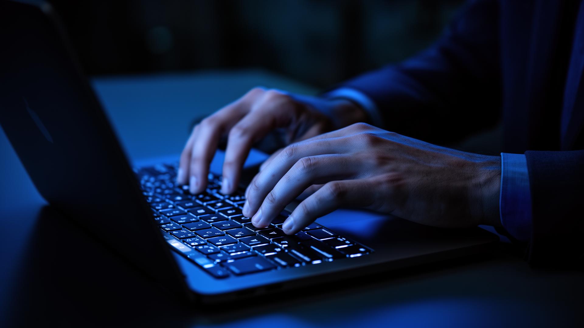 Mains tapant sur un clavier dans une lumière bleutée